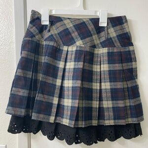chouyatou brown plaid/tartan pleated skirt with black underskirt and side zipper